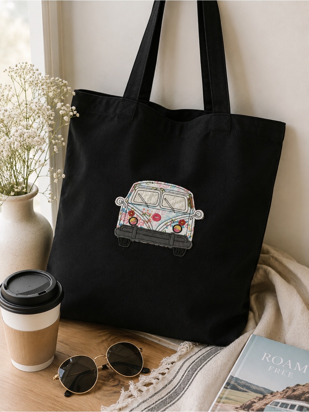 VW Bus Floral Canvas Tote Bag | Reusable Market Beach Book Bag